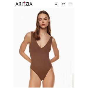 Aritzia Babaton Contour V-Neck Bodysuit Brown Thong Snap Closure Sleeveless Top